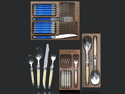 Wooden Storage Case Cutlery Set With Metal Forks Spoons And Kitchen Dining Knives 3d model