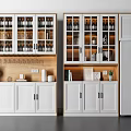 Modern White Wine Cabinet Interior With Glass Doors And Stored Wine Bottles