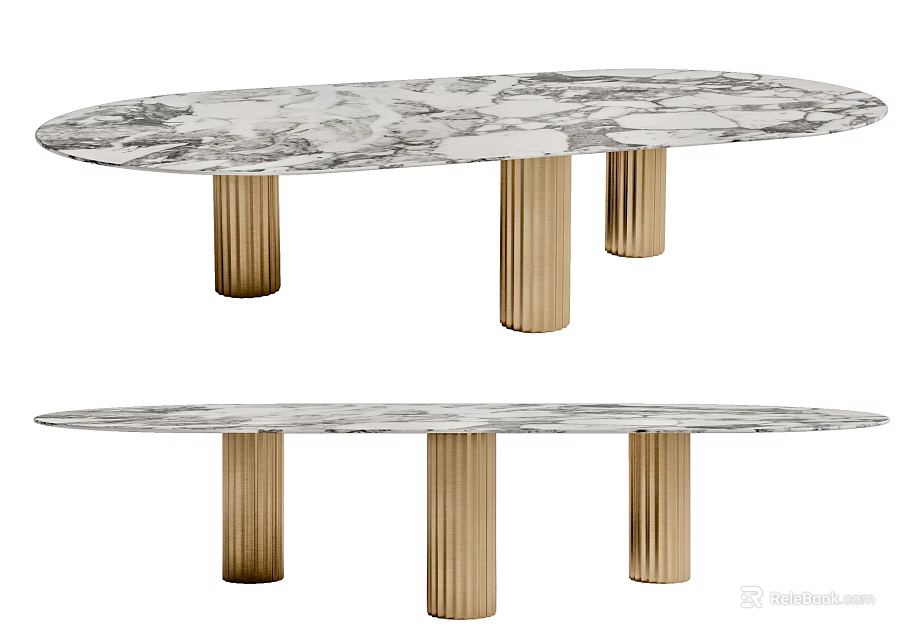 Modern Dining Table With Elegant Marble Top And Gold Cylindrical Legs Design 3d model 