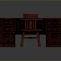 Dark Red Wooden Desk with Green Top and Matching Chair Featuring Drawers and Classic Design