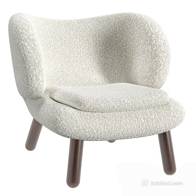 Cream Plush Single Seater Sofa with Curved Armrests and Brown Wooden Legs 3d model 