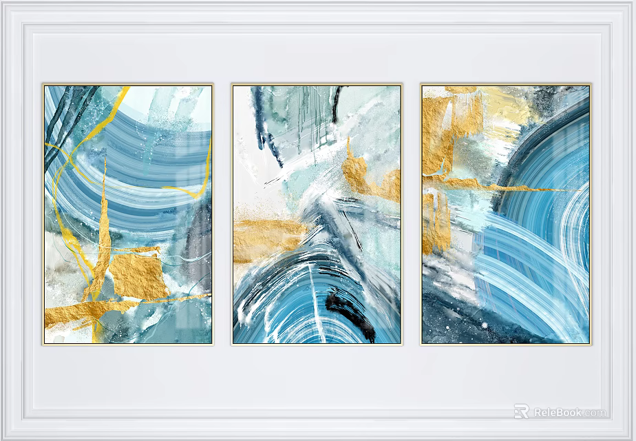 Abstract Paintings With Blue Gold Tones Curved Brush Strokes And Framed Triptych Design 3d model 