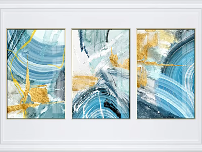 Abstract Paintings With Blue Gold Tones Curved Brush Strokes And Framed Triptych Design 3d model