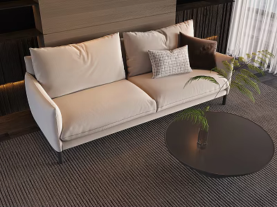 Modern Two-Seater Sofa With Beige Upholstery Pillows Round Coffee Table And Plant Interior 3d model
