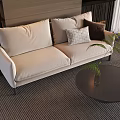 Modern Two-Seater Sofa With Beige Upholstery Pillows Round Coffee Table And Plant Interior