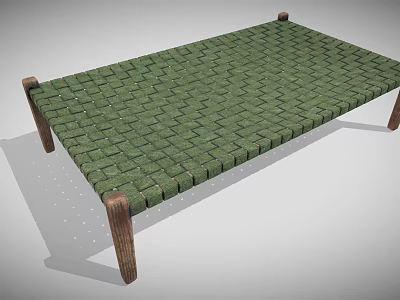 Single Bed With Green Woven Surface And Simple Wooden Legs Design 3d model