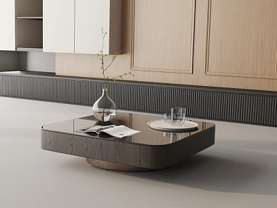 Modern Sofa and Coffee Table Set with Wooden Top Vase Books and Glasses 3d model