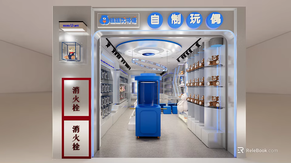 Handmade Dolls Shopping Mall Retail Store With Display Shelves And Blue Cabinets 3d model 