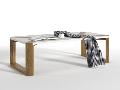 Modern Coffee Table In Living Room Interior With Wooden Legs White Tabletop And Checkered Blanket 3d model