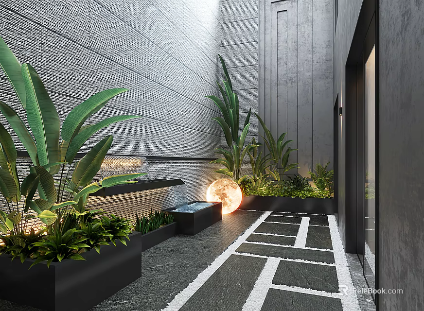 Modern Garden Design with Tropical Plants Black Planters Geometric Pathway Glowing Sphere and Water Feature 3d model 