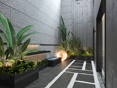 Modern Garden Design with Tropical Plants Black Planters Geometric Pathway Glowing Sphere and Water Feature 3d model
