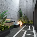Modern Garden Design with Tropical Plants Black Planters Geometric Pathway Glowing Sphere and Water Feature