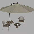 Outdoor Wicker Dining Chairs With Beige Umbrella And Small Table Setup 3d model