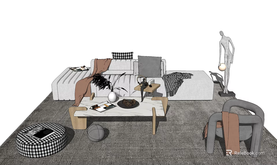 Modern Sofa Coffee Table Set Featuring Cozy Pillows Blanket Wooden Table And Decor On Rug 3d model 