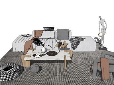 Modern Sofa Coffee Table Set Featuring Cozy Pillows Blanket Wooden Table And Decor On Rug 3d model