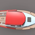 Red And White Wooden Boat With Wooden Deck Cabin Windows And Metal Railings