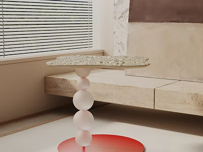 Modern Bedside Table With Marbled Top And White Spherical Red Base Design 3d model