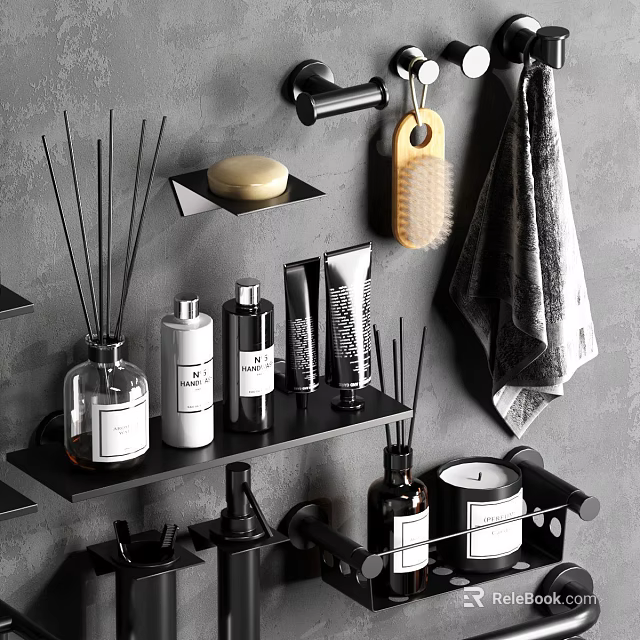 Modern Bathroom Accessories with Reed Diffuser Soap Bottles Lotion Tubes and Towel on Shelves 3d model 