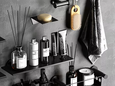 Modern Bathroom Accessories with Reed Diffuser Soap Bottles Lotion Tubes and Towel on Shelves 3d model
