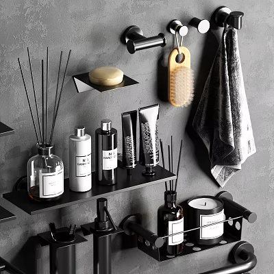 Modern Bathroom Accessories with Reed Diffuser Soap Bottles Lotion Tubes and Towel on Shelves 3d model
