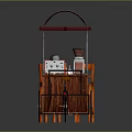 Functional Mobile Coffee Cart with Striped Awning Wooden Stools and Coffee Machines