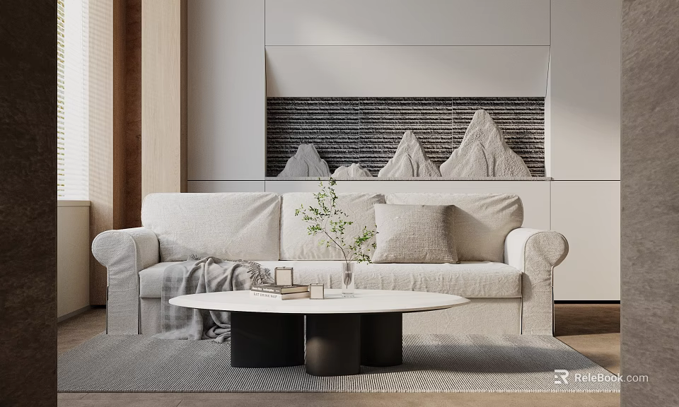 Modern Sofa and Round Coffee Table Set with Throw Blanket Vase Plant and Mountain Decor 3d model 