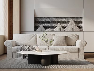 Modern Sofa and Round Coffee Table Set with Throw Blanket Vase Plant and Mountain Decor 3d model