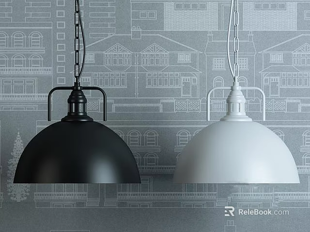 Modern Black And White Pendant Lights In Interior With Architectural Patterned Wallpaper 3d model 