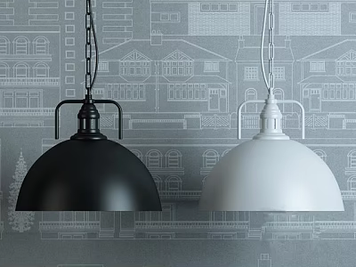 Modern Black And White Pendant Lights In Interior With Architectural Patterned Wallpaper 3d model