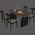 Modern Oval Dining Table Set With Four Scalloped Back Chairs Green Cushions Vase And Lemons