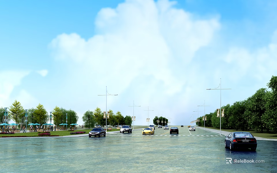 Urban Road Infrastructure Featuring Street Lights Vehicles And Green Trees Alongside Lanes 3d model 