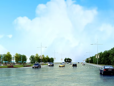 Urban Road Infrastructure Featuring Street Lights Vehicles And Green Trees Alongside Lanes 3d model