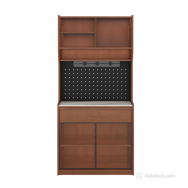 Brown Wooden Sideboard With Upper Cabinets Black Perforated Back Panel And Lower Drawers 3d model 