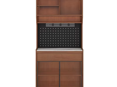 Brown Wooden Sideboard With Upper Cabinets Black Perforated Back Panel And Lower Drawers 3d model