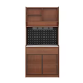 Brown Wooden Sideboard With Upper Cabinets Black Perforated Back Panel And Lower Drawers