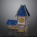 Fairy Tale Style Pink Building Featuring Blue Roof Pointed Tower Yellow Window And Porch Plants