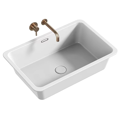 White Single Bowl Ceramic Sink With Brass Faucet Modern Design For Bathroom 3d model