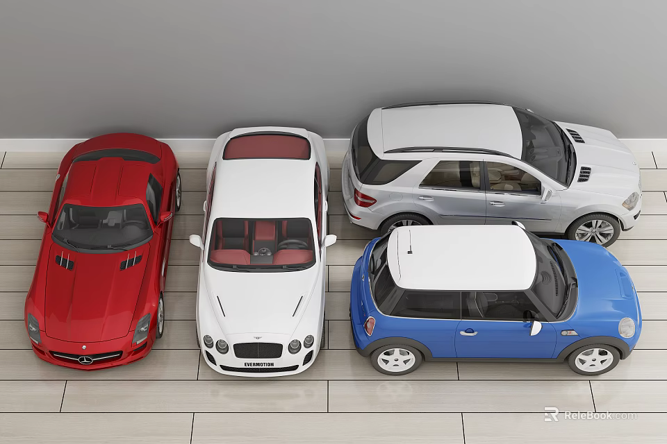 Different Colored Cars Including Red Sports Car White Sedan Silver SUV and Blue Hatchback Parked 3d model 