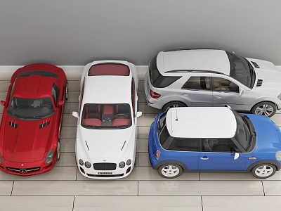 Different Colored Cars Including Red Sports Car White Sedan Silver SUV and Blue Hatchback Parked 3d model