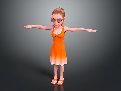 Woman in orange gradient dress wearing sunglasses with arms outstretched against gray background 3d model