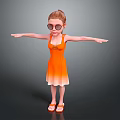 Woman in orange gradient dress wearing sunglasses with arms outstretched against gray background