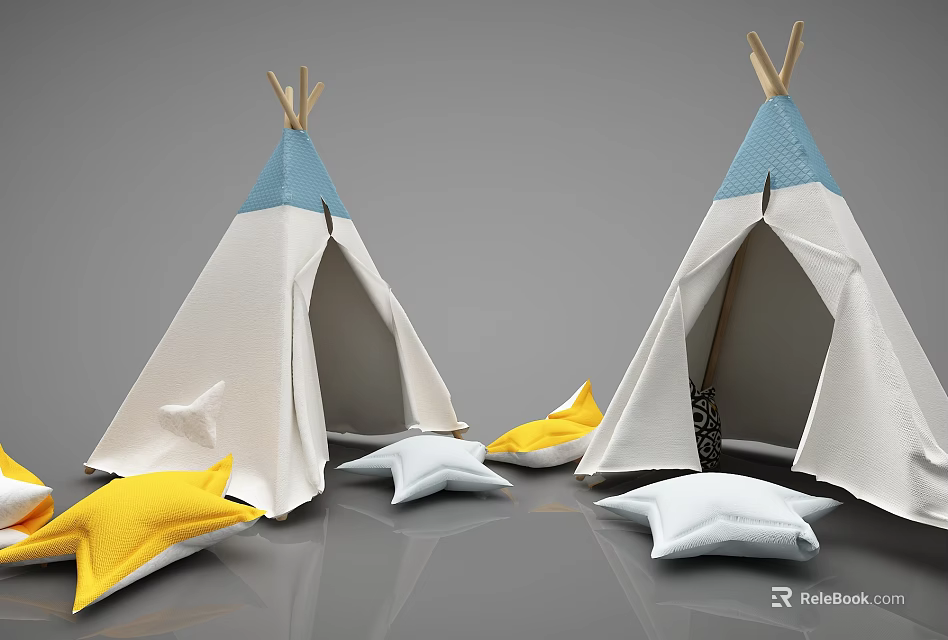 Two White Tepee Tents With Blue Tops And Yellow White Star Shaped Pillows 3d model 