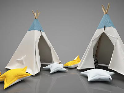 Two White Tepee Tents With Blue Tops And Yellow White Star Shaped Pillows 3d model
