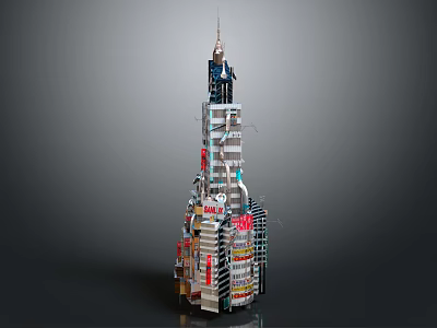 Cartoon Skyscraper Model Featuring Lego Style Design Billboards And Detailed Floors 3d model