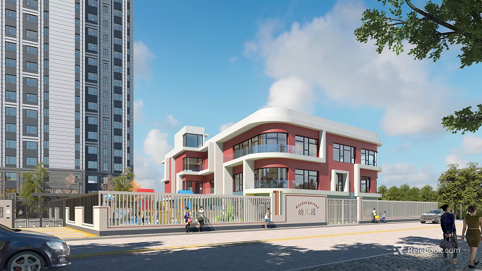Red and White Multi Story School Building with Fence Near Trees Under Blue Sky 3d model 