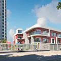 Red and White Multi Story School Building with Fence Near Trees Under Blue Sky