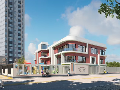 Red and White Multi Story School Building with Fence Near Trees Under Blue Sky 3d model