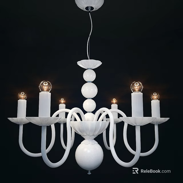 White Modern Chandelier With Multiple Curved Arms Glowing Bulbs And Spherical Decorations 3d model 