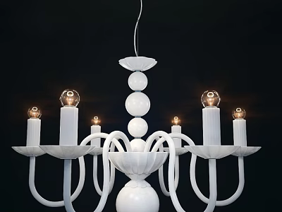 White Modern Chandelier With Multiple Curved Arms Glowing Bulbs And Spherical Decorations 3d model