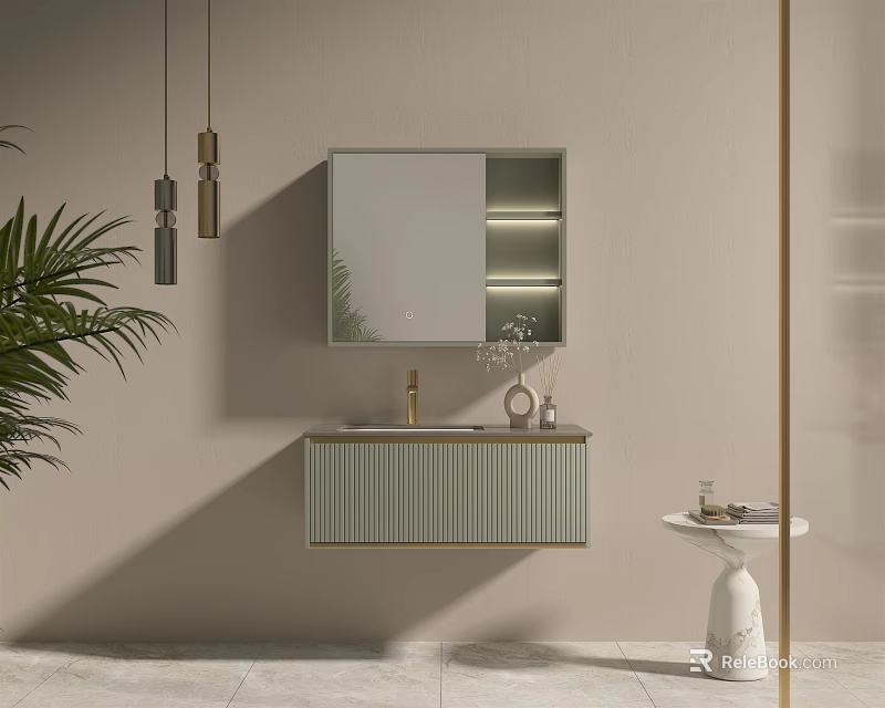 Modern Wall Mounted Bathroom Washbasin With Backlit Mirror Cabinet Pendant Lights And Green Plant 3d model 